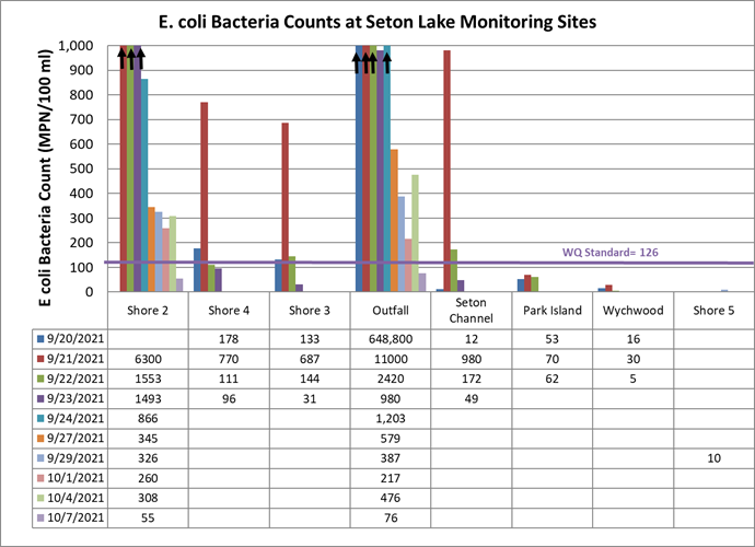 E. coli bacteria counts at Seton Lake monitoring sites.