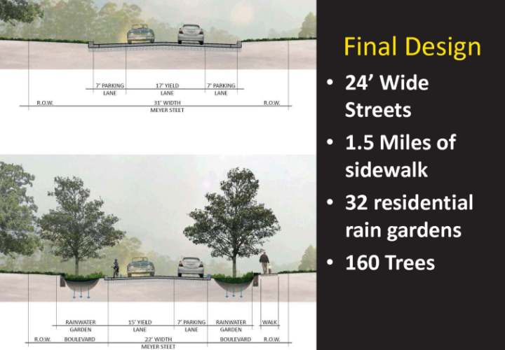 <div class='lb-heading'>Maplewood’s Bartelmy-Meyer Neighborhood Final Street Design</div><div class='lb-text'>Street was narrowed and sidewalks were added.  In addition, more than 30 raingardens and 160 were added as part of the project</div>