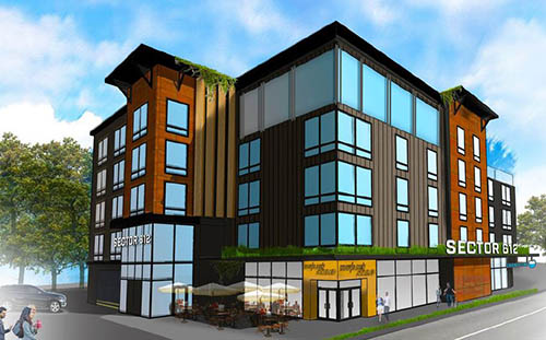 Artist rendering of five story multi-use building