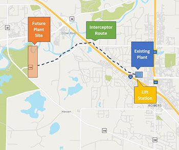 The proposed Crow River Facility is about two miles west of the current Rogers Plant. The wastewater pipeline between the plants will be built within current highway right-of-way.