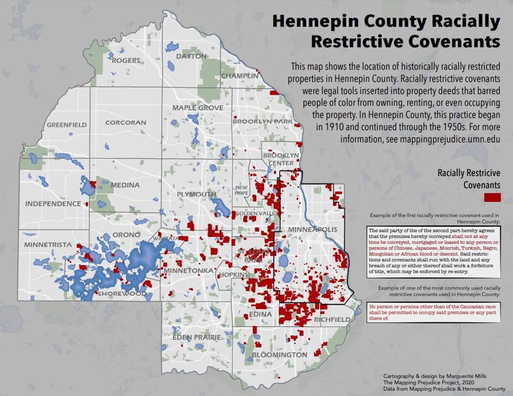 <div class='lb-heading'>Hennepin County Racially Restrictive Covenants</div><div class='lb-text'>This map shows the location of racially restrictive covenants within Hennepin County. It also provides examples of the language used in the first racially restrictive covenant in the County and the most commonly used covenant in the County. </div>
