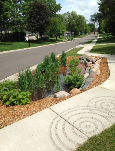 <div class='lb-heading'>Maplewood’s Bartelmy-Meyer Neighborhood</div><div class='lb-text'>The Living Streets project in the Bartelmy-Meyer Neighborhood  includes etched raindrops in the sidewalk adjacent to each raingarden.</div>