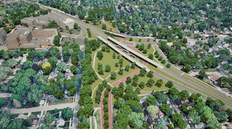 A birdseye view of the current municipal consent design for the Lowry Avenue Station.