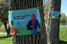 Two trees with small illustrated posters.
