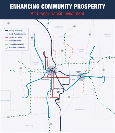 Map of routes in the 10-year Bus Rapid Transit vision.